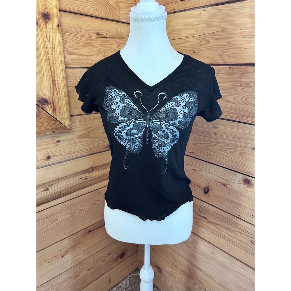 Hiatus Womens Black Glitter‎ Butterfly Flutter Sleeve V-Neck Top Medium Vintage